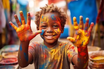 Black Child toddler boy got hands dirty in colorful paint - obrazy, fototapety, plakaty