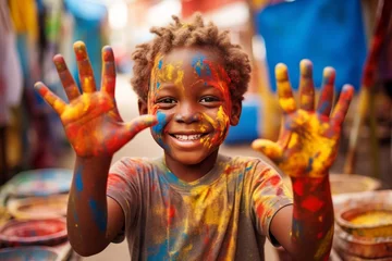 Fotobehang Black Child toddler boy got hands dirty in colorful paint © Denis