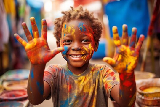 Naklejki Black Child toddler boy got hands dirty in colorful paint