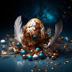 chocolate easter egg decorated with gold and blue shiny paint