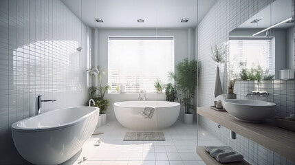 Fototapeta na wymiar 3D Render White Bathroom Concept, Creating a Beautiful and Relaxing Clean Home: Design for the Bathroom Ideas and Resident's Relaxation in Day Light