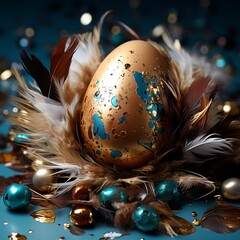 decorated easter egg with blue paint and gold paint