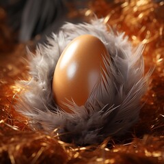 chicken egg in straw and feather nest