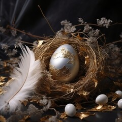 golden egg in nest with big feather 