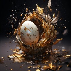 easter egg with splattered gold paint in straw nest