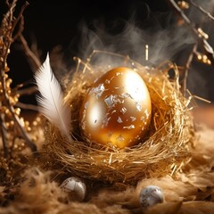 golden easter egg in straw nest with feather
