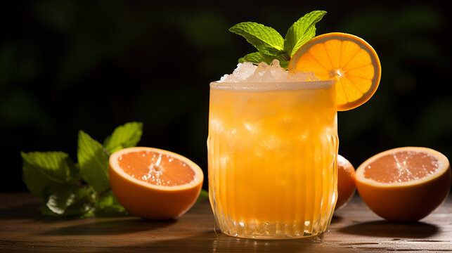 citrus cooler. a blend of orange grapefruit and lemon with mint leaves on back background