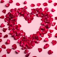 The shape of a heart created within scattered pinkish red rose petals