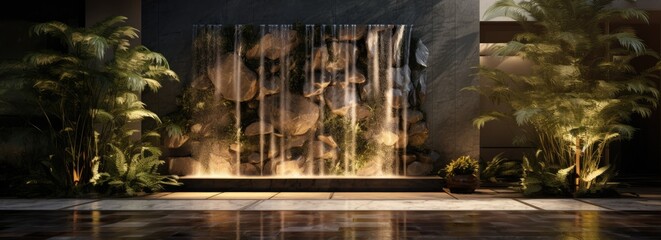 The outdoor ambiance is elevated by a modern water feature, harmoniously blending a fountain and waterfall.