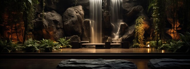 The outdoor ambiance is elevated by a modern water feature, harmoniously blending a fountain and waterfall.