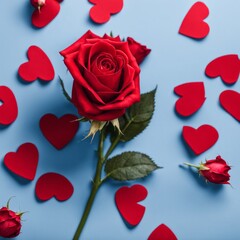 Fototapeta na wymiar Red rose flower on blue background, Valentine's day greeting card.