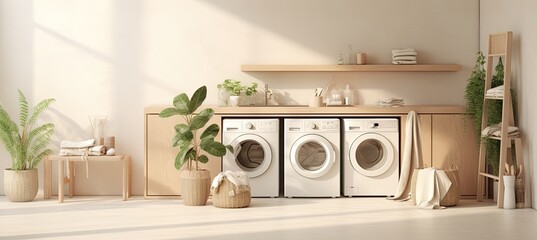 A clean and orderly laundry room showcasing neatly arranged washing machines.