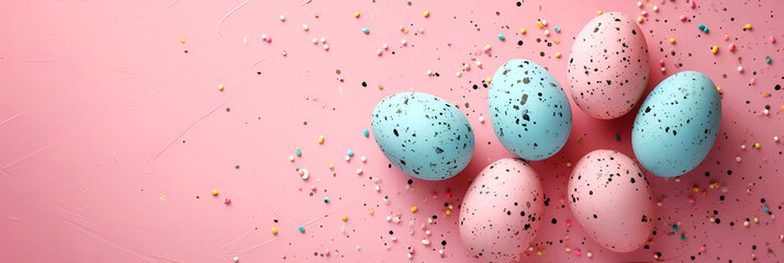 Fototapeta na wymiar Easter concept with colorful eggs in bright colors in a minimalist style with copy space. Banner on a pink background.