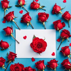 Red rose flower on blue background, Valentine's day greeting card.