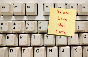 Computer keyboard with text written reminderSHARE LOVE NOT HATE , concept of banning hate speech,...