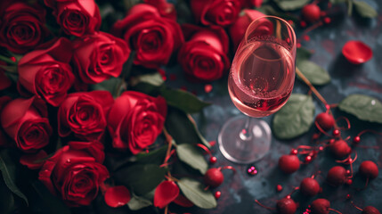 Red roses with champaign or wine glass on valentine's day