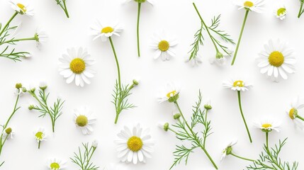 Chamomile daisy buds and stems brightly patterned on a white background, Ai Generated - obrazy, fototapety, plakaty