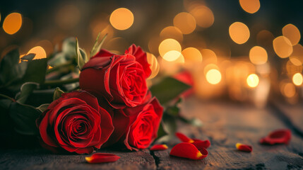 red roses on a wooden table, bokeh background, valentine's day