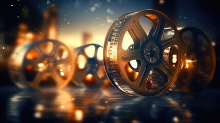 Old cinema film reels in focus against a softly blurred bokeh backdrop, Ai Generated - obrazy, fototapety, plakaty