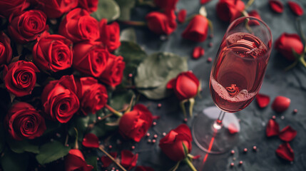 Red roses with champagne or wine glass on valentine's day