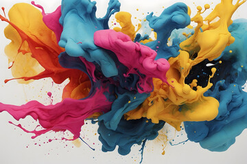An abstract of a colorful powdered explosion with a white background