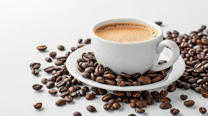 Obraz premium Coffee cup with coffee beans on a saucer on a white background, Ai Generated