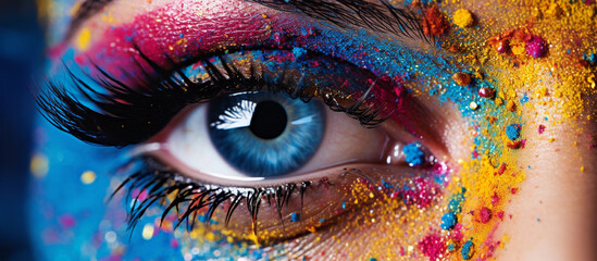 Obrazy na Plexi  Eye of model with colorful art makeup closeup colorful background. Artistic Vision: Closeup of Model's Eye with Vivid Makeup
