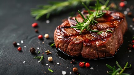 Satisfy your cravings with the exquisite taste of expertly seasoned beef fillet, a culinary masterpiece on a dark canvas, Ai Generated.