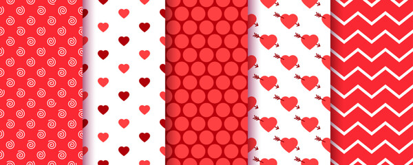 Seamless pattern. Valentine background. Prints with hearts, zigzag, circles, spirals. Set red love textures. Collection romantic wrapping papers. Vector illustration. Retro Valentine's day backdrop