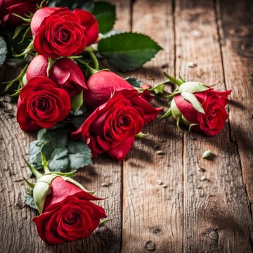 A beautiful bunch of red roses on a wooden background
