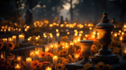 The cemetery is adorned with numerous lit candles and vibrant yellow marigold flowers, Ai Generated.