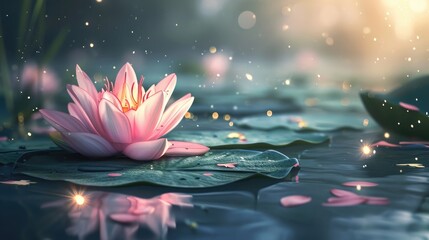 A bright fairy-tale lotus flower, resembling a water lily, bathes in a magical light, Ai Generated.