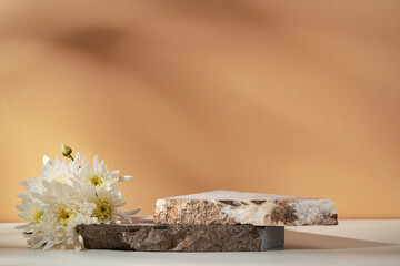 Stone display mockup for advertising against beige background