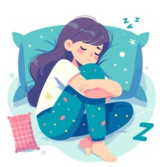 cozy girl sleeping vector, girl curled up, cozy,  flat style illustration