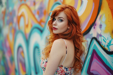 Woman Posing by Vibrant Graffiti.
Red-haired woman smiling against a colourful urban wall.