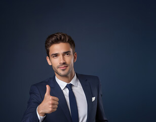 Businessman gives a thumbs up to the service of the business. Concept of expressing opinions about service.