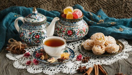 Embroidered Bliss: A Culinary Journey with Fragrant Tea and Delectable Sweets"