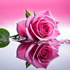 The Pink rose is reflected on a white background