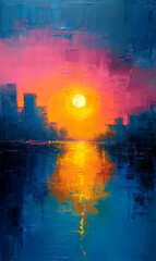 Sunset over the city. Abstract background. Oil painting style.