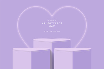Abstract 3D purple cylinder podium pedestal realistic or product display stand with glowing neon light heart shape background. Minimal wall scene for product mockup. Valentine's day promotion design.
