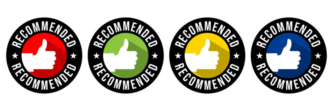 Recommend badges creative vector templates set. Recommendations colorful tags design with thumbs up isolated on white background. Best products, approved quality, warranty paper ribbons collection