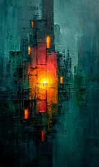 Abstract background painting by oil on canvas with red light and reflection.