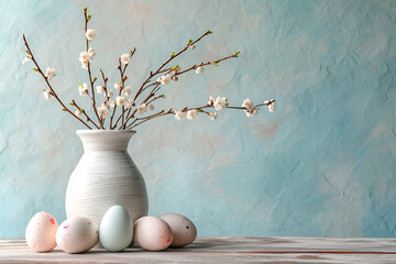 Tree branches decorated with Easter eggs in a vase in light colors.