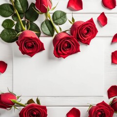 Red rose flowers over white wood background. Romantic greeting card for Valentine's Day.