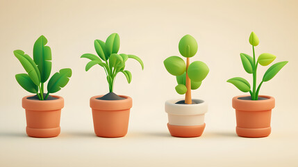 3D Illustration of three plants in pots on a beige background