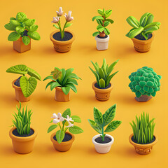 3D Flowerpots with different types of plants. Isolated on yellow background