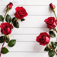 Red rose flowers over white wood background. Romantic greeting card for Valentine's Day.