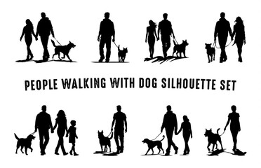 People Walking with Dog Silhouettes Vector Set, Couple walking with a dog Silhouette Bundle