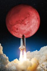 Spaceship lift off. Space shuttle with blast and smoke takes off to the red planet mars. Mars...