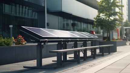 A network of smart benches in a smart city,  equipped with solar panels and USB charging ports for public use